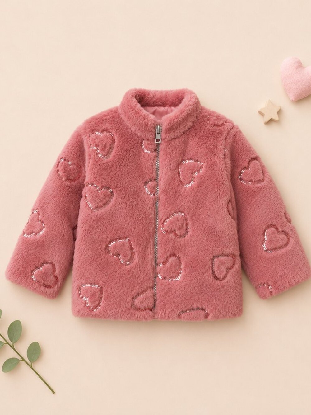 Little Lass Toddler Girls Plush Pink Heart Sequin Faux Fur Jacket - NWOT 18M